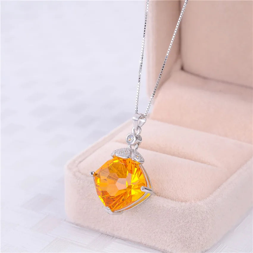 Almei 8ct Square Citrine Crystal Necklace Silver Wedding Birthday Jewelry Free Box 40% FN078