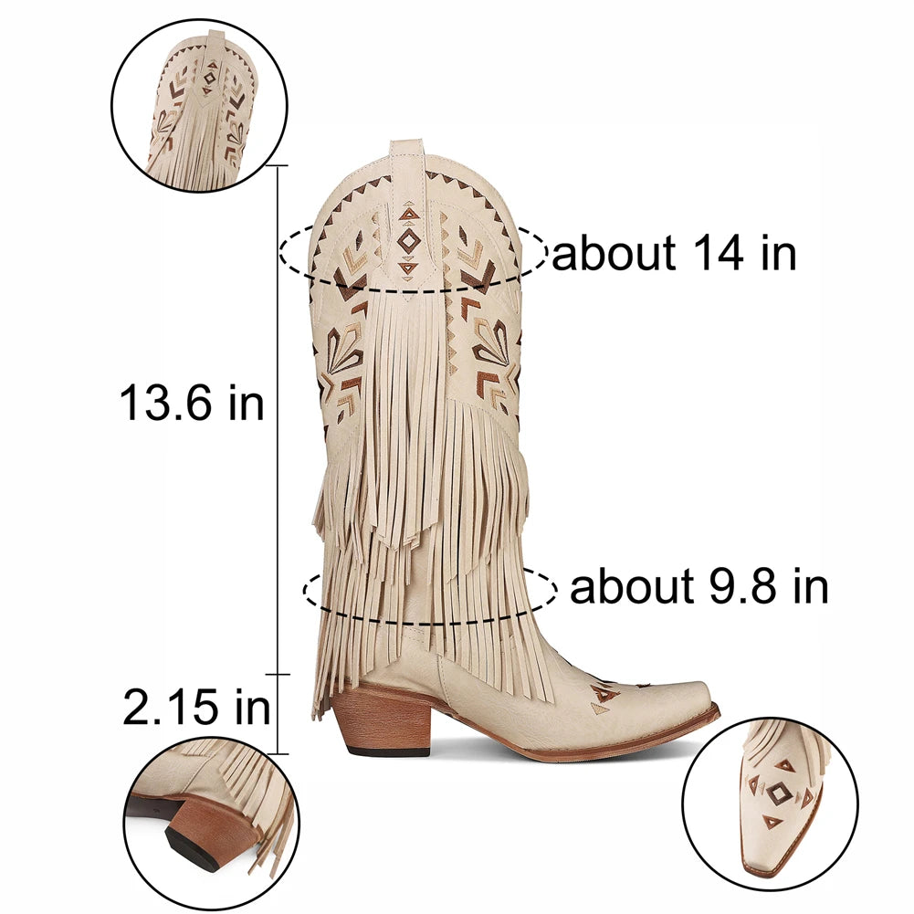 Women's Cowboy Western Boots Tassels Chunky Heels Embroider Vintage Mid Calf