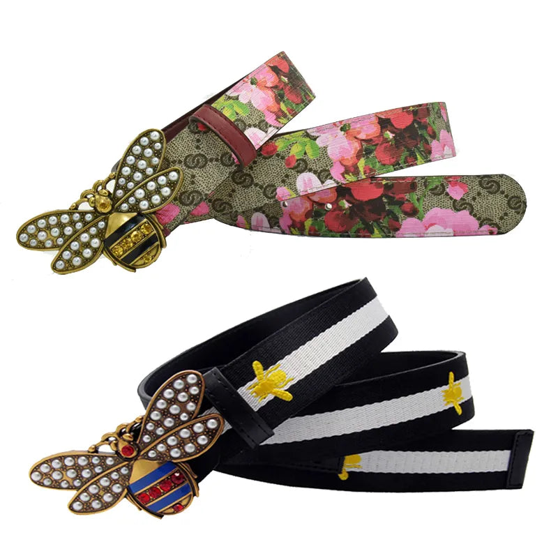 Western Bee Embroidery Canvas Leather Women Belt