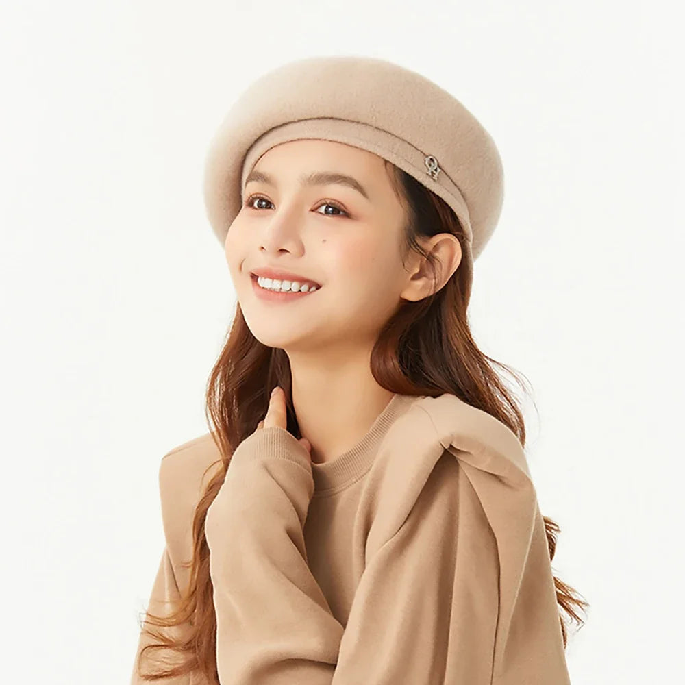 Women Beret Breathable 100% Wool Female Retro Warm Solid Color for Elegant Lady Gifts