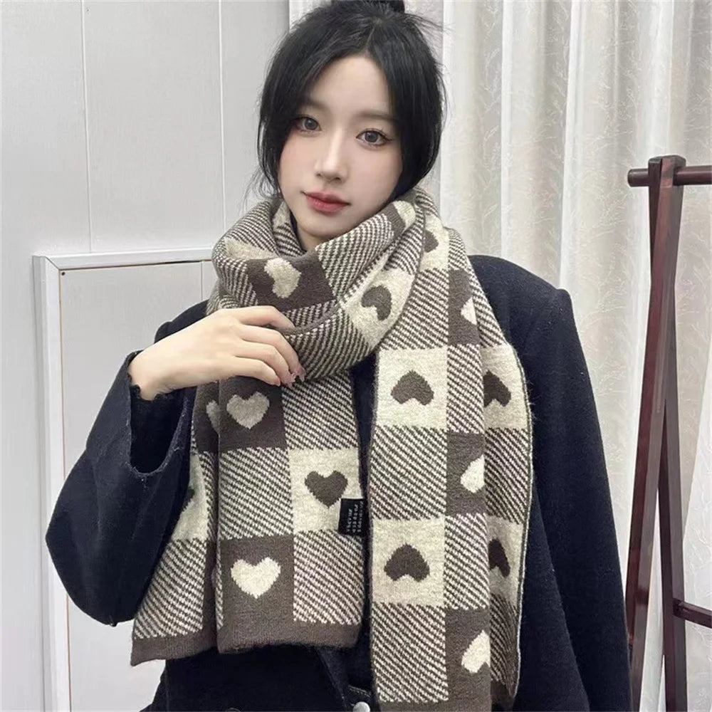 1~5PCS Knitted Scarf Heart Design Black White Plaid Warm Winter Women's Scarves