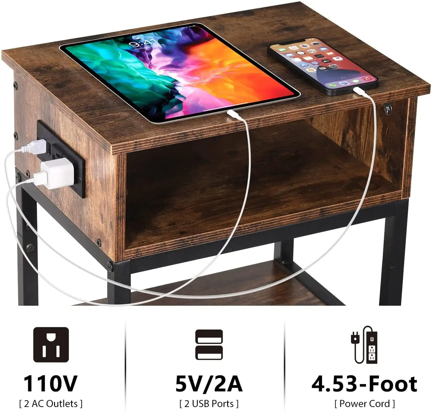 24.8" End Table 3 Layers with Charging Station, Rustic Burnt Wood