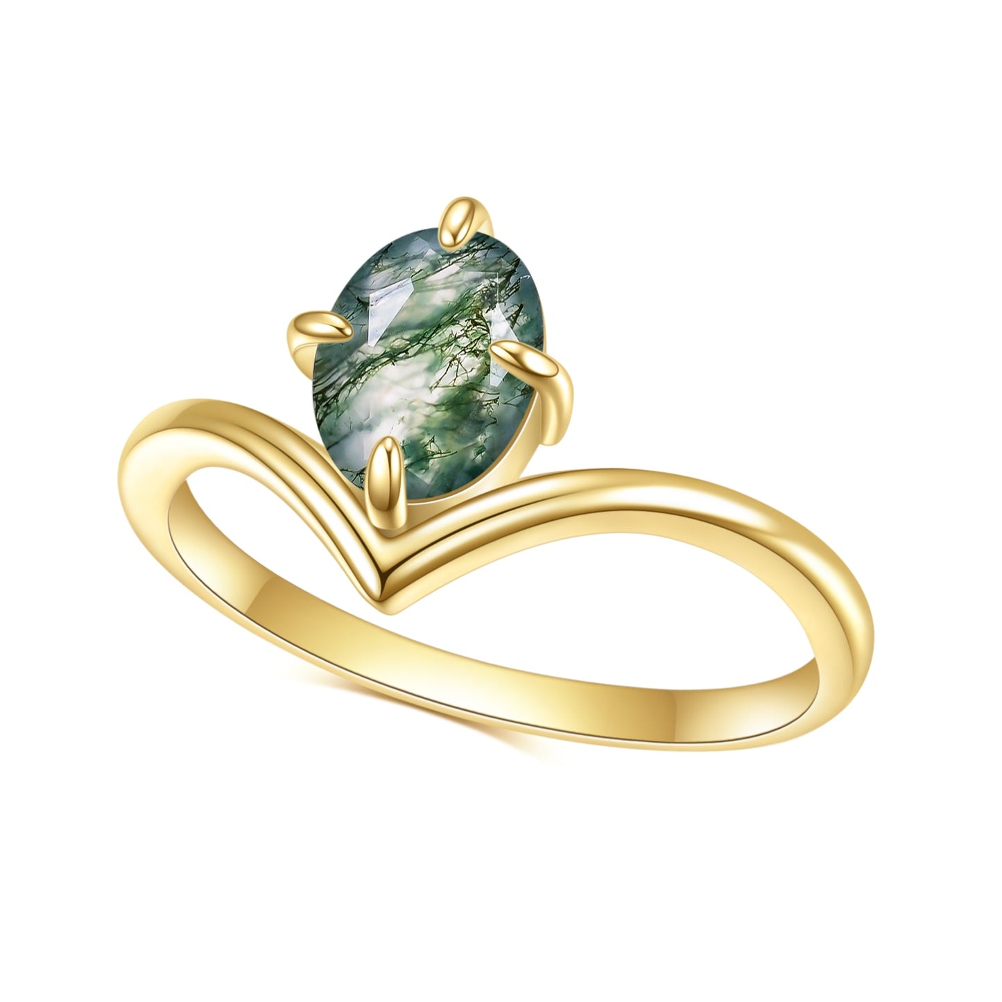 Gold Curved Ring 1.18Ct Oval Natural Moss Agate
