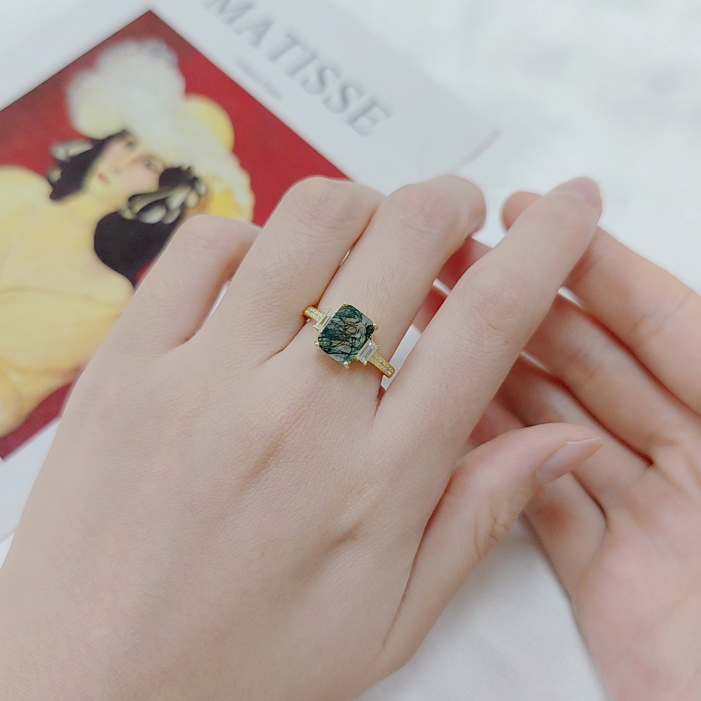 Unique Octagon Cut Moss Agate Stone Ring in Sterling Silver