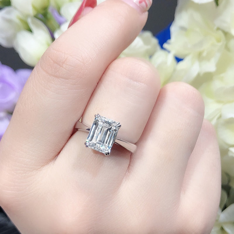 Sterling Silver Rings Emerald Cut Moissanite Solitaire Engagement Ring
