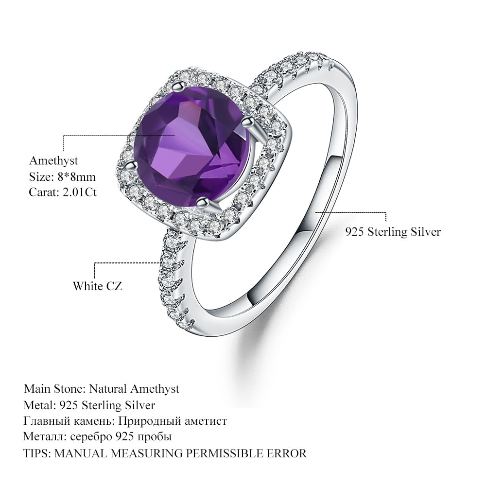 Pure Sterling Silver Classic Women's Square Amethyst Ring