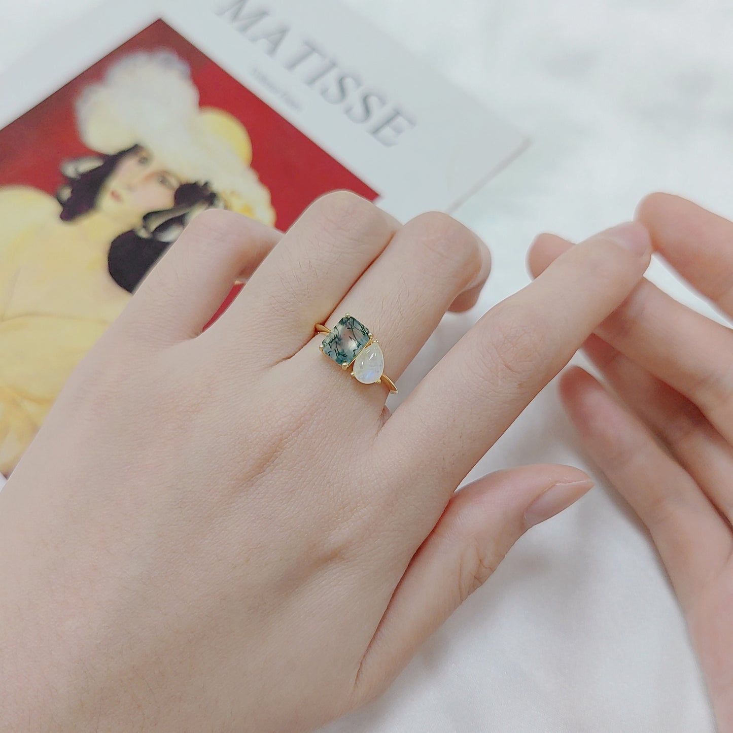 Milky Blue Moonstone Moss Agate Engagement Rings in Sterling Silver